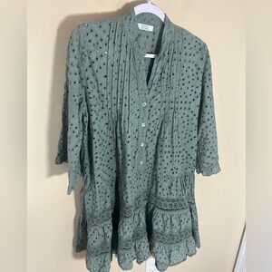 AQRL Dress Made Italy viscose silk linen feel eyelet  green gray size size M/L